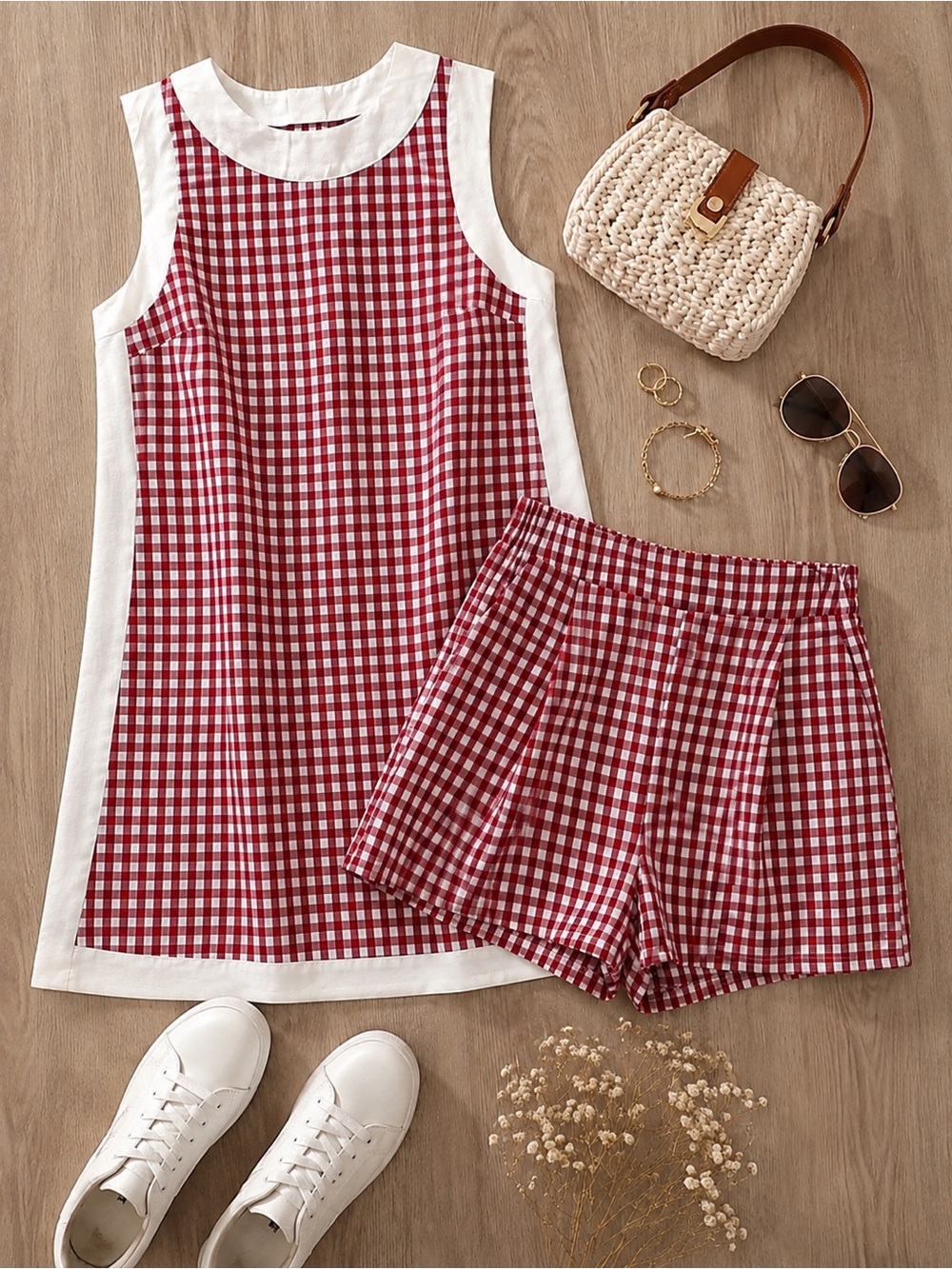 Red Gingham Sleeveless Shift Dress & Shorts Set